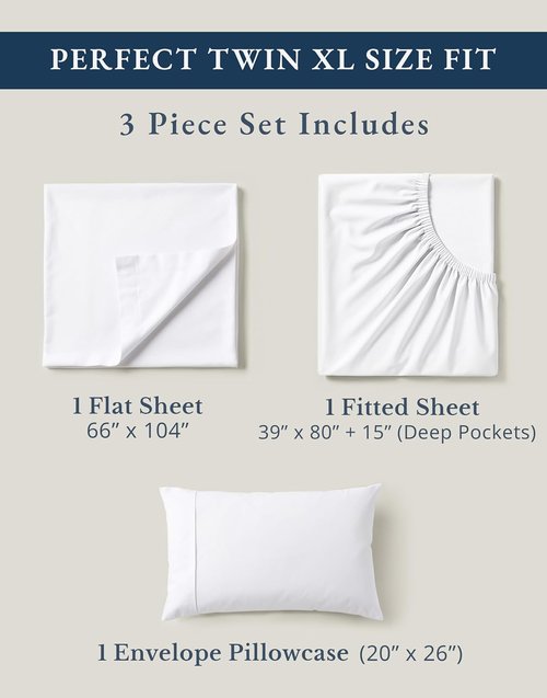 LANE LINEN 100% Organic Cotton Twin XL Sheets Set - Soft Percale 3-Piece Bedding in White, Fits Mattresses Up to 15" Deep