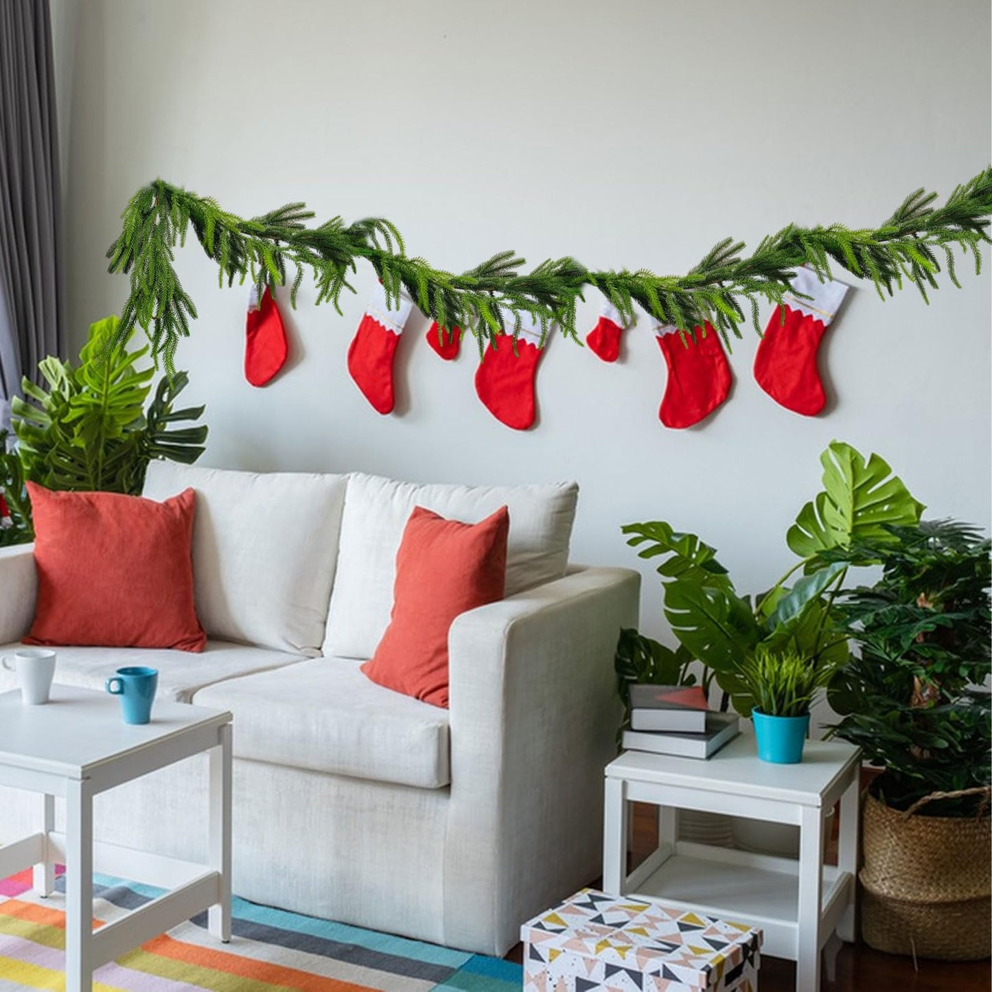 Tirdkid 2 Pack Christmas Garland Table Garland Real Touch Norfolk Pine Garland, 12ft Artificial Faux Greenery Garlands for Wedding Mantle Indoor Home Decor Xmas Holiday Seasonal