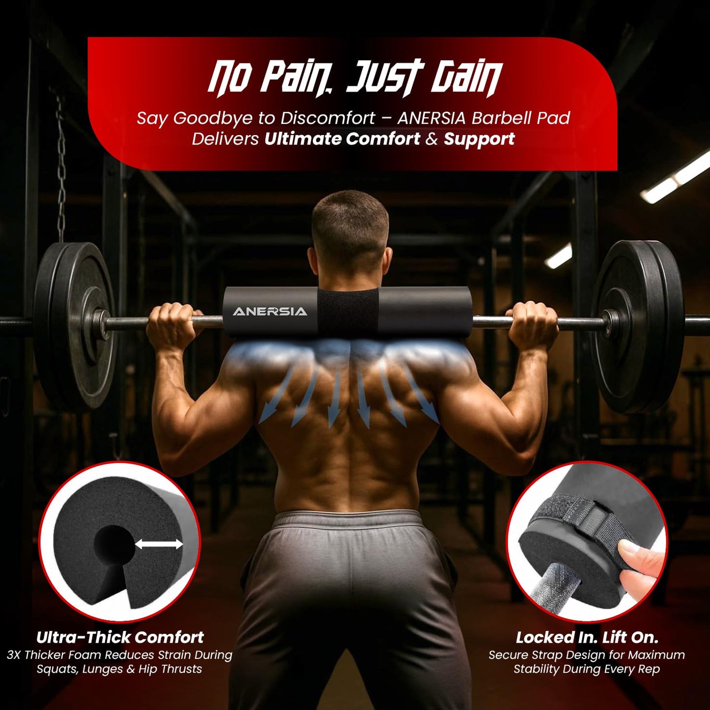 Barbell Pad for Squats & Hip Thrusts – 1.2” Extra-Thick High-Density Foam – Non-Slip Neck & Shoulder Support Cushion – Fits Olympic & Standard Bars – Quick On/Off Design + 2 Securing Straps