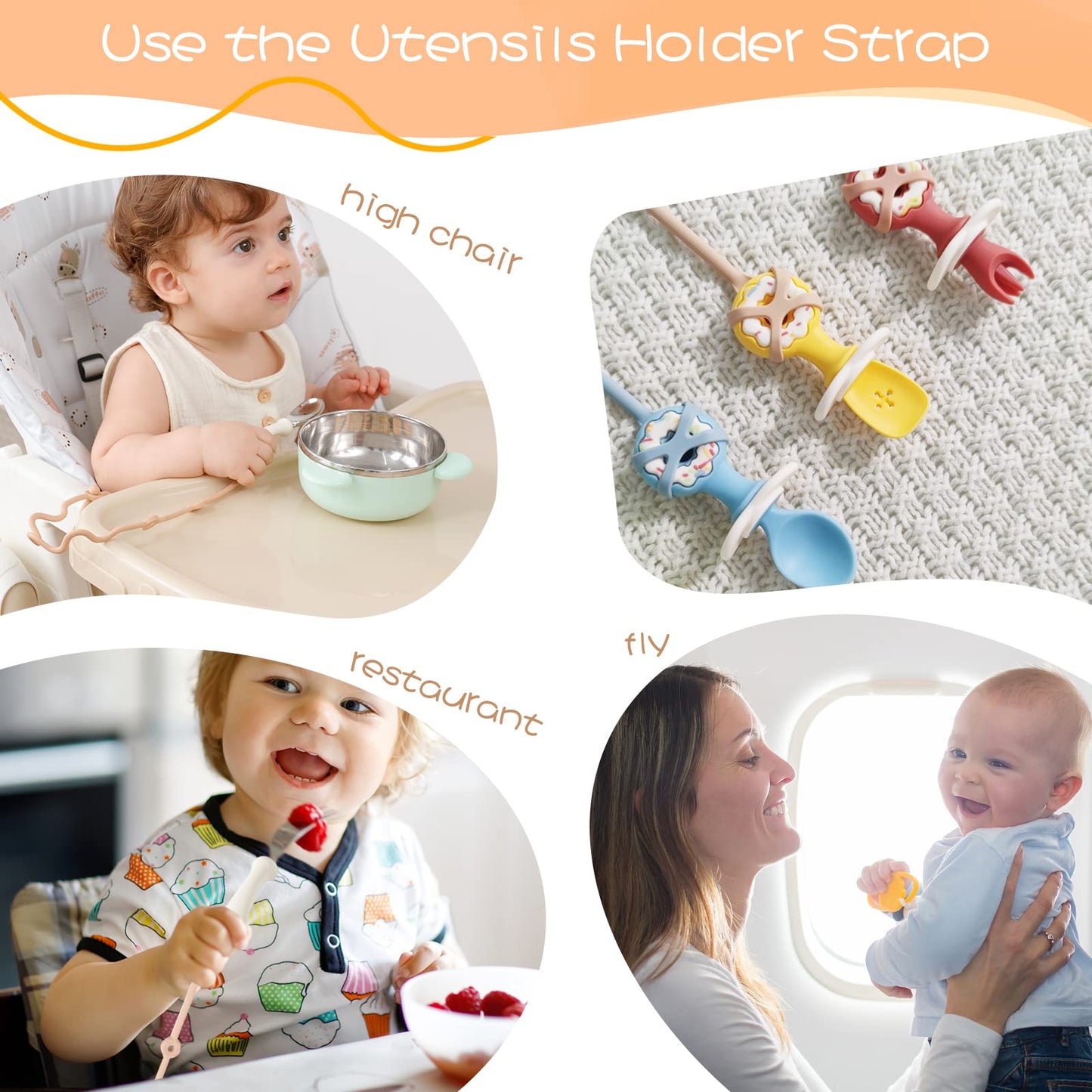 SMAutoLife Toddler Utensils，Silicone Stretch Lids for fork and spoon,Holder Strap Food Grade Silicone Keep Fork and Spoon Off The Floor Great for Baby and Kids Dishwasher Safe （Apricot and Orange)