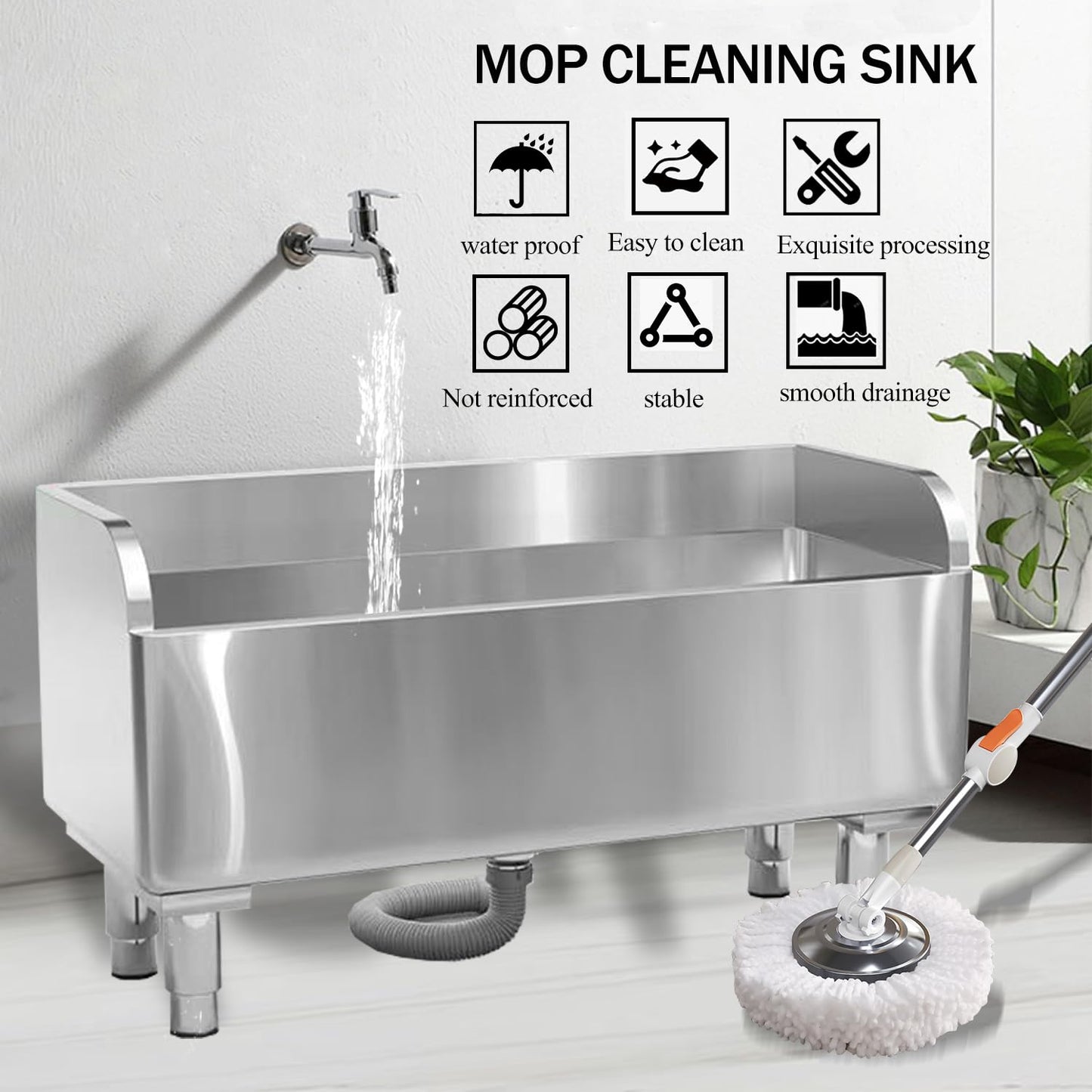 Stainless Steel Mop Service Basin，Floor Mount Mop Sink，Mop Cleaning Sink，Vertical industrial sewage tank for balconies, laundry rooms, industries, etc（39.37”×16.1”×21.6”)