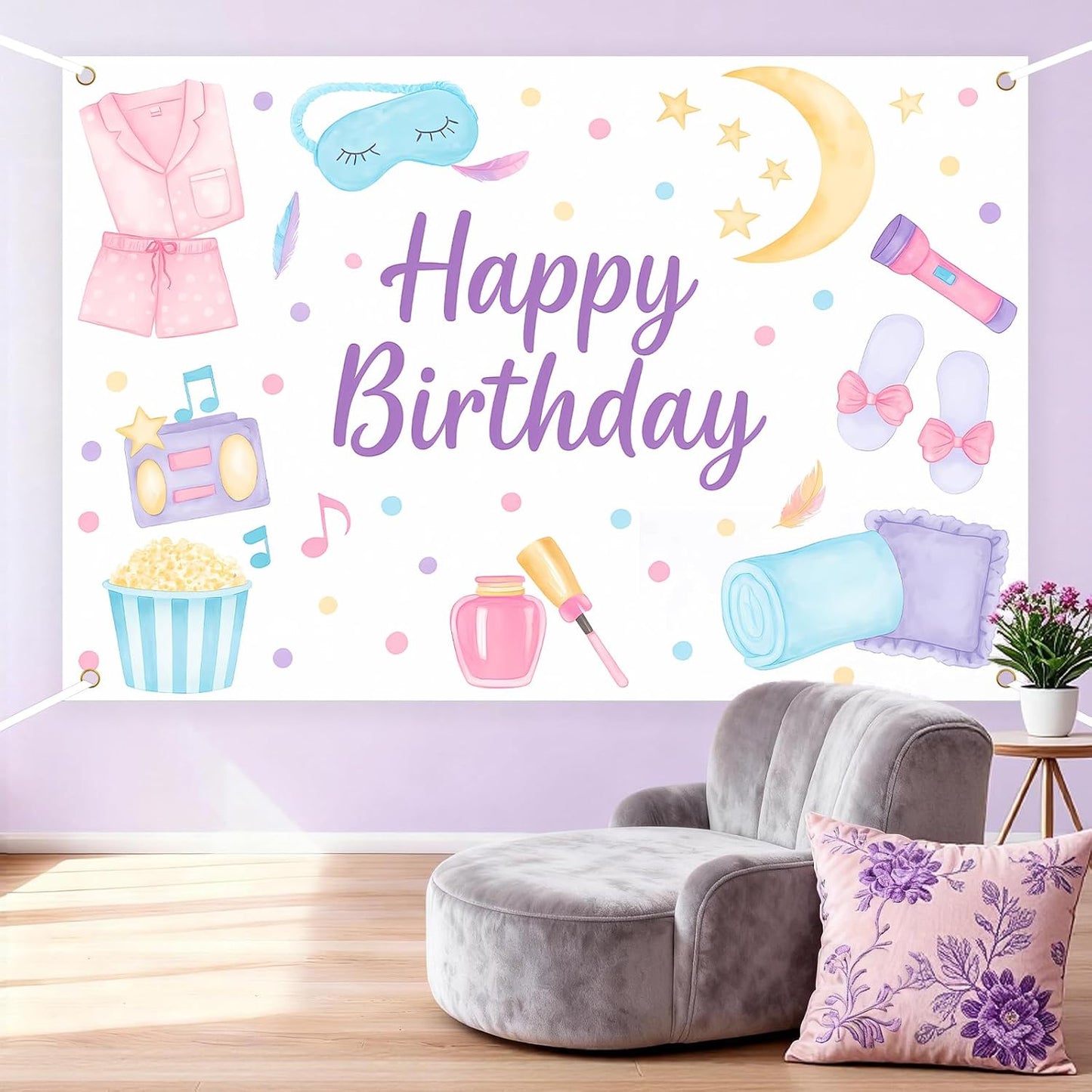 5 3ft Spa Happy Birthday Backdrop Spa Party Supplies for Girls Makeup Pajama Sleep Mask Pillow Photography Background