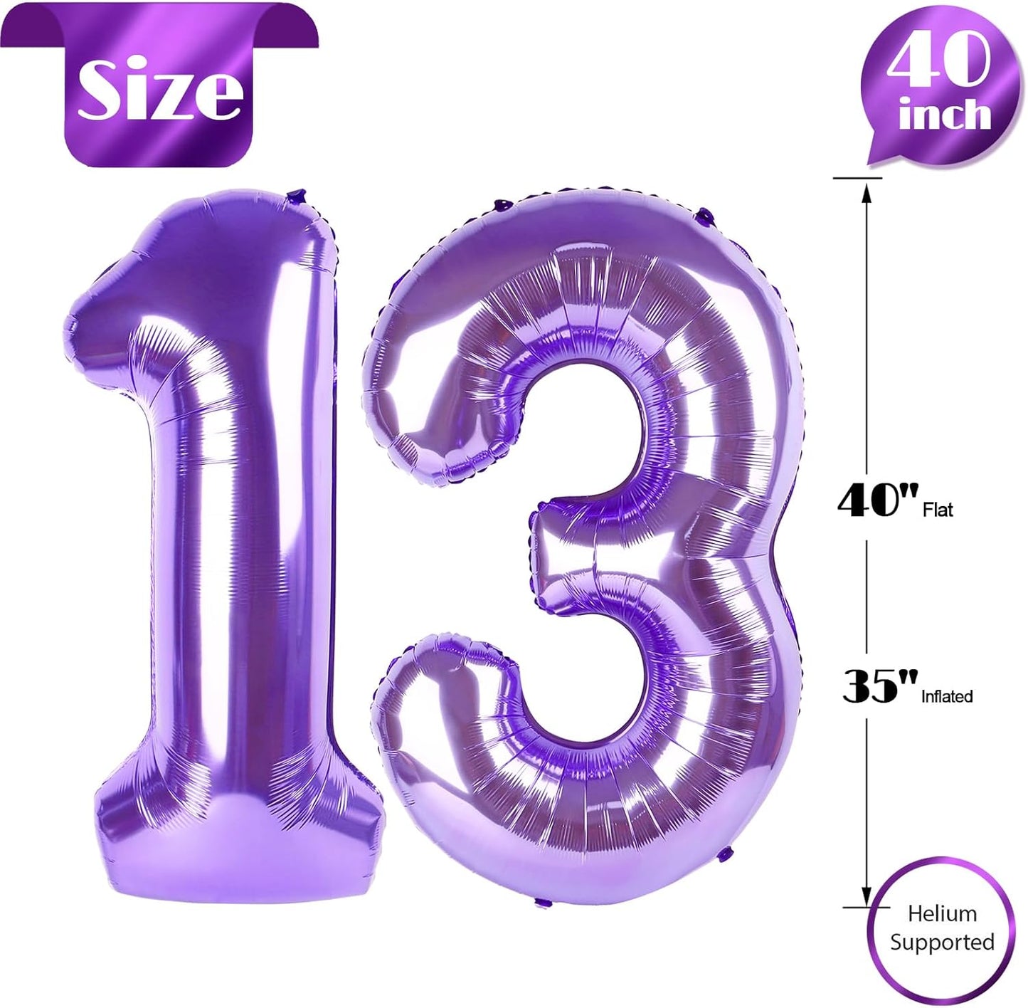 Purple Number 13 Balloon - 40 Inch Birthday Decoration for 13th Year Celebration | Perfect for Boys & Girls