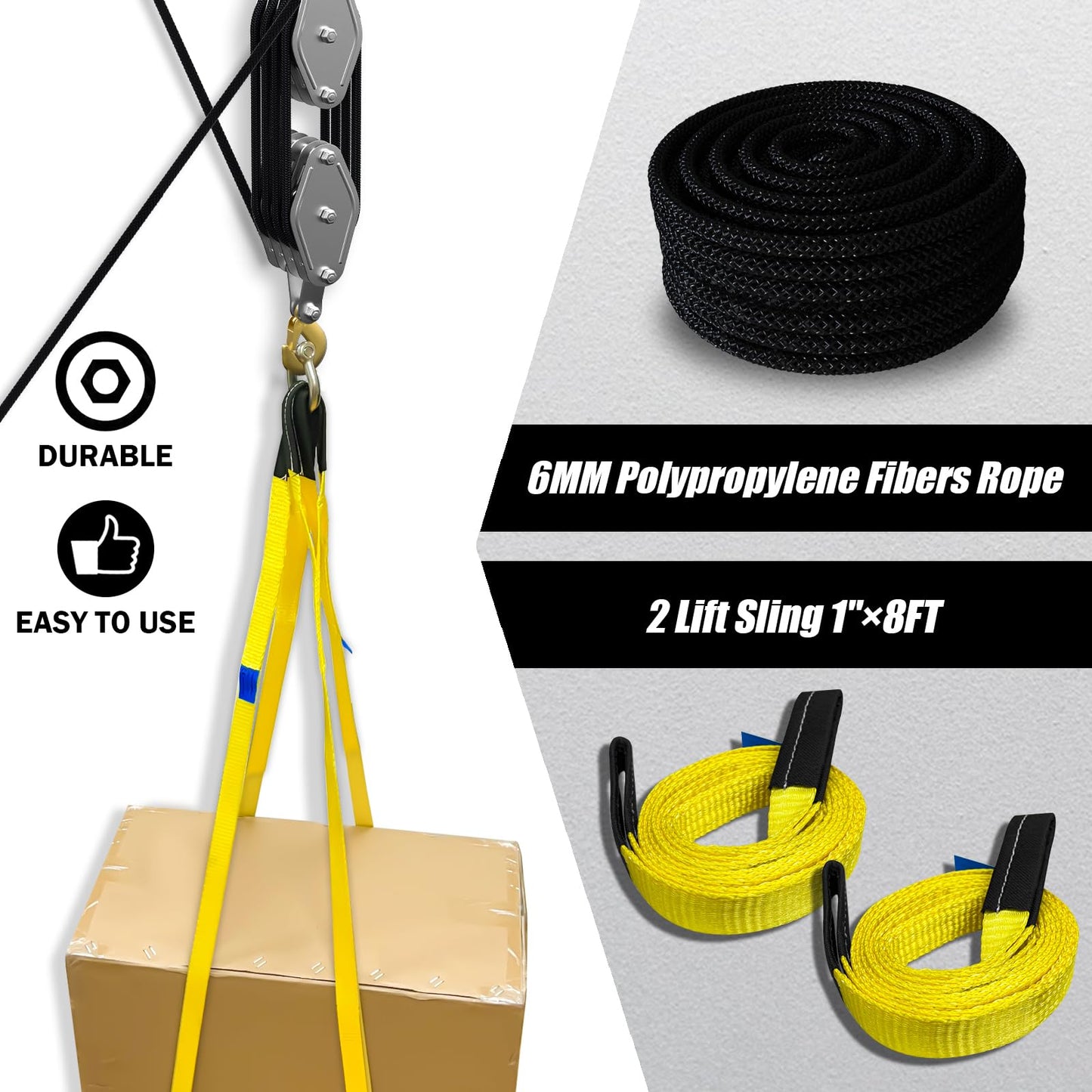 YATOINTO Rope Hoist Pulley System, 4400LB Pulley Block and Tackle, 8:1 Ratio Lifting Power 65ft, Heavy Duty Pulley Block for Lifting Pulling (with 2PCs Straps)
