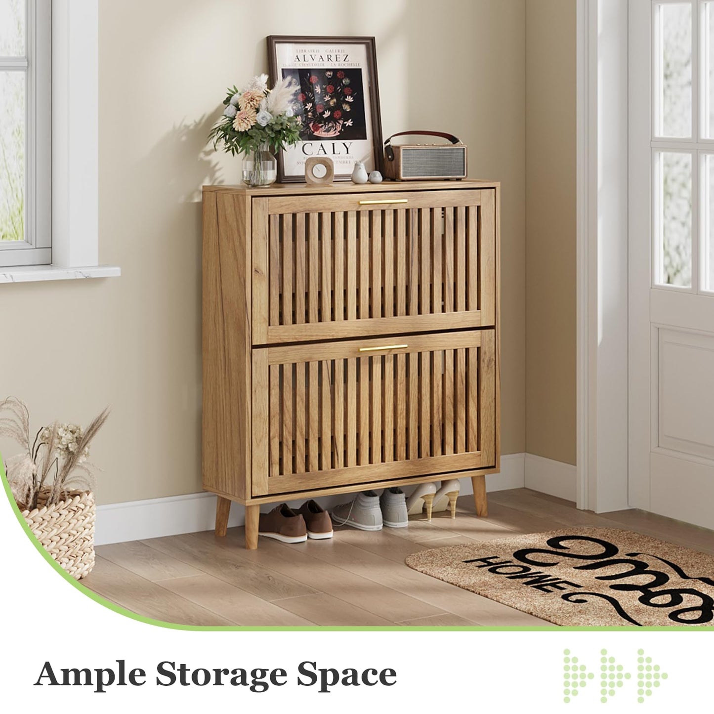 Shoe Storage Cabinet with Louvered 2 Flip Drawers, Narrow Shoe Cabinet Storage for Entryway, Freestanding Shoe Organizer Cabinet with Golden Handles, Slim Shoe Rack Cabinet 31.5in(Natural Wood)