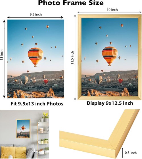 JCJMY Gold Picture Frame 9.5x13 - Wall Mounting Horizontally or Vertically | Shatter-Resistant Plexiglass