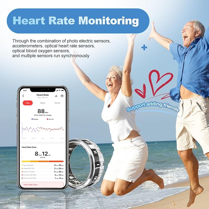 Diamond-encrusted Smart Health Ring for Men and Women - Fitness Tracker with Heart Rate, Blood Oxygen, Blood Pressure, Step Counting, Sleep Monitoring, IP68 Waterproof for iPhone and Android, Black 8#