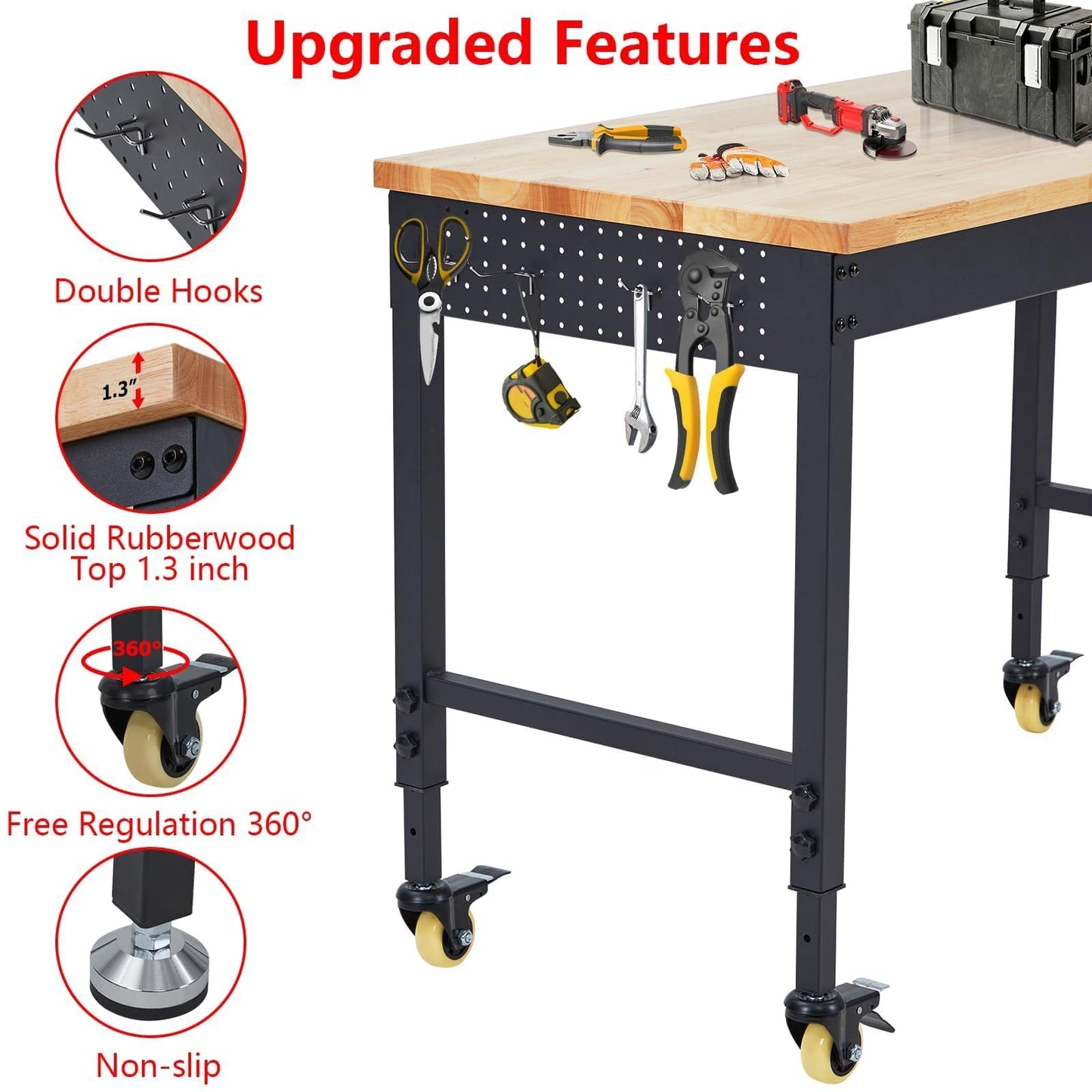 GarveeLife Adjustable Workbench,72 in x 25 in Heavy-Duty Rubber Wood Shop Table with 28.3-38.1 in Height Adjustment,2000 LBS Load Capacity,Garage Workbench with Power Outlets & Lockable Wheels