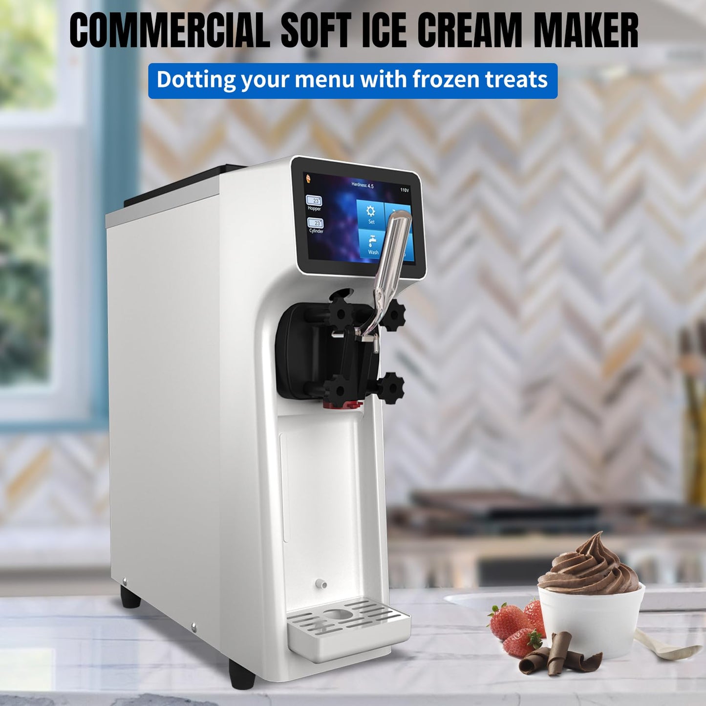 XPW Commercial Ice Cream Machine - 1000W 110V Single Flavor Soft Serve Ice Cream Maker Machine 2.7 to 4 Gal/H Touch LCD display & Auto Clean Soft Serve Maker Perfect for Bars Restaurants - White