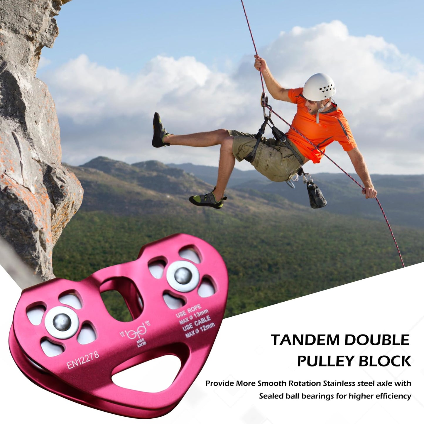 TRIWONDER 30kN Zipline Pulley 6700LBS Zip Line Tandem Dual Trolley Kit for Cable & Rope Heavy Duty for Rescue Climbing Hauling Backyard Zipline Mountaineering Rigging (Red)