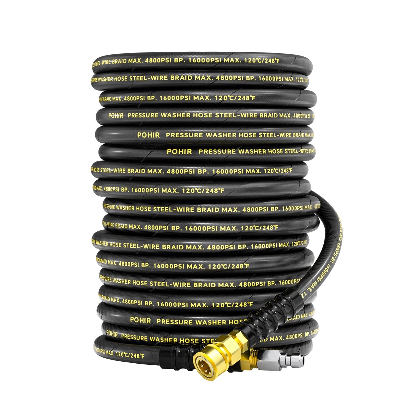 POHIR 3/8" Pressure Washer Hose 100ft 4800PSI, Power Washer Hose Steel Wire Braided with Swivel Quick Connect, Commercial Grade Industrial High Pressure Water Washing Hose (4800PSI, 100FT)