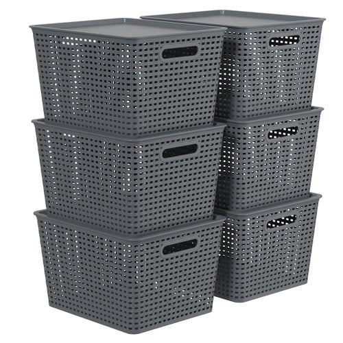 Gainhope 6-Pack Large Plastic Storage Baskets with Lid, 13.98" x 11.57" x 8.66", Stackable Storage Container Organizer Bins for Office, Bathroom, Kitchen, Pantry, Gray