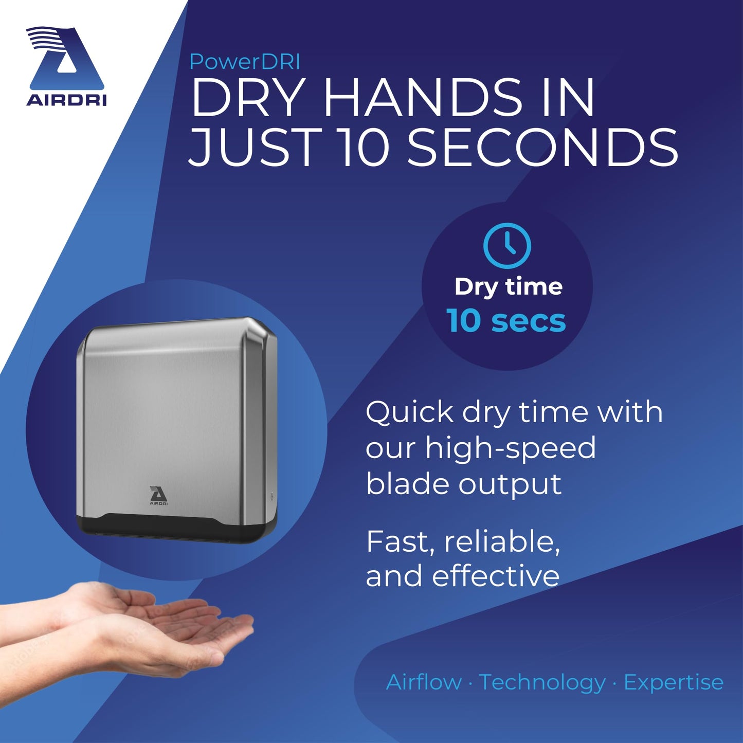Airdri PowerDRI Automatic Hand Dryer - .8kW Low Energy Motor - 10-Sec. Dry Time - H13 HEPA Filter - 75dBA Noise Output - ADA Compliant - Ideal for High-Traffic Businesses and Venues - Stainless Steel