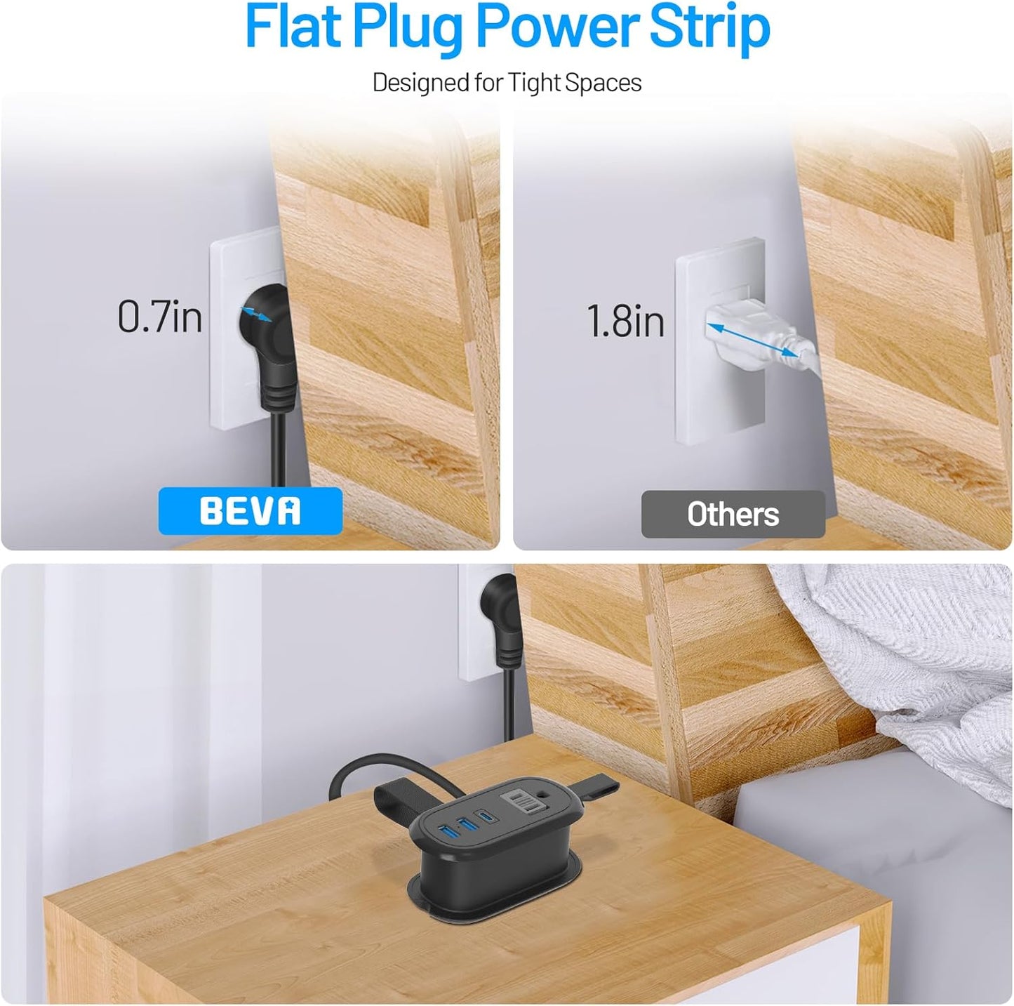 BEVA 4FT 2 3 (3.4A Travel Power Strip with USB C Ports, Extension Cord, Outlets, USB Ports, Cruise Ship Essentials