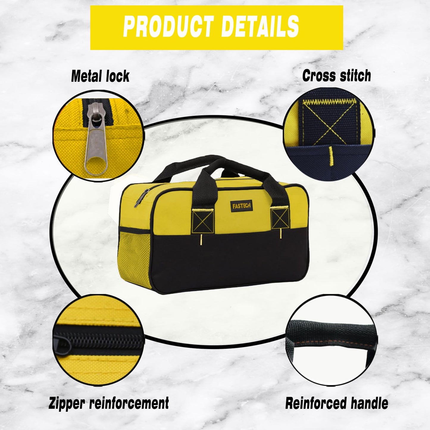 FASTECH 14 Inch Zipper Tool Bag, Small Wide Mouth Tool Tote Bag, Waterproof Tool Organizer Tote, Soft Handle Carrying Toolbag For Various Tools (Yellow)