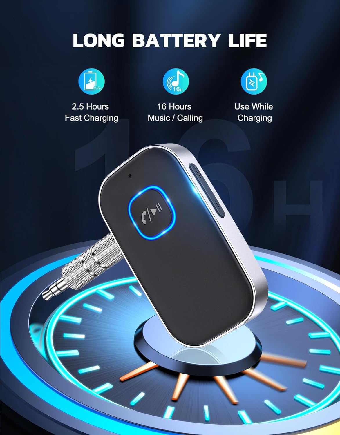 COMSOON 3.5mm 16H Bluetooth Receiver for Car, Noise Cancelling AUX Bluetooth Car Adapter, Wireless Audio Receiver