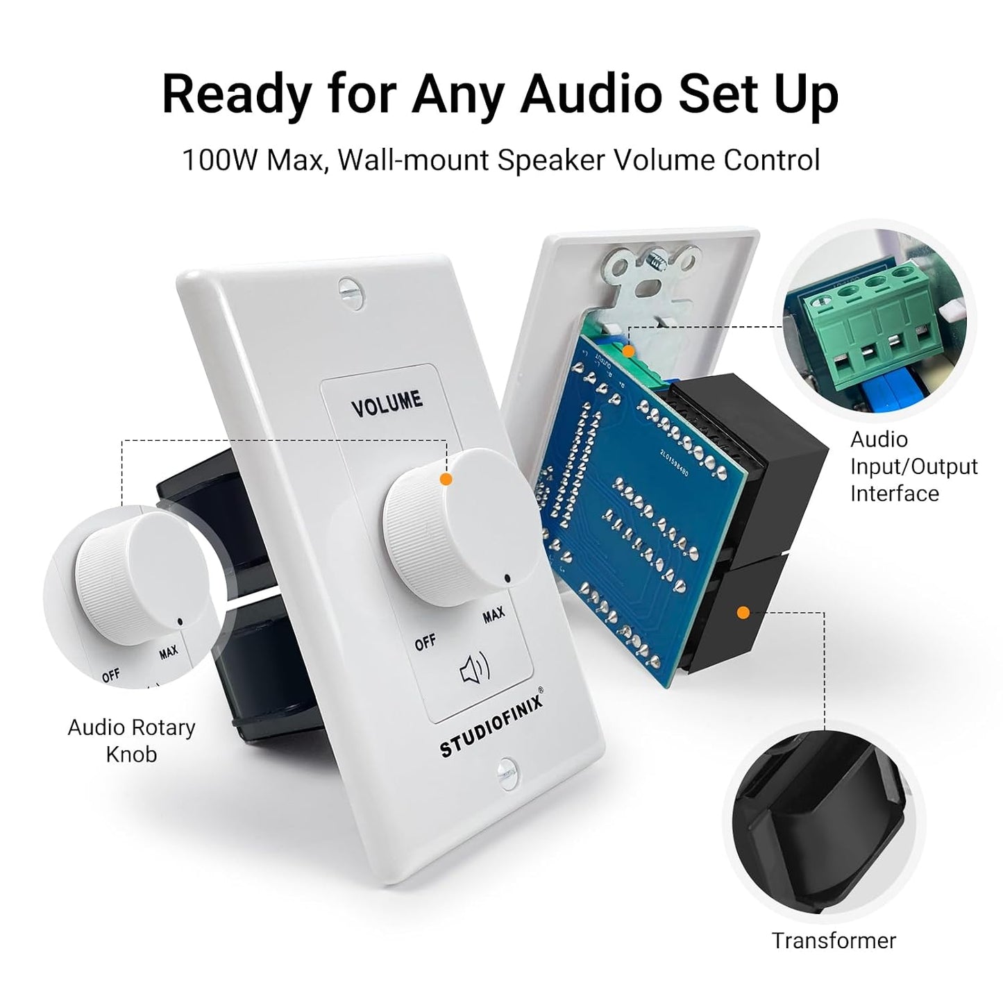 100W STUDIOFINIX in Wall Volume Control Knob Matching Impedance - Home Audio Smart Speaker Stereo Controller Switch