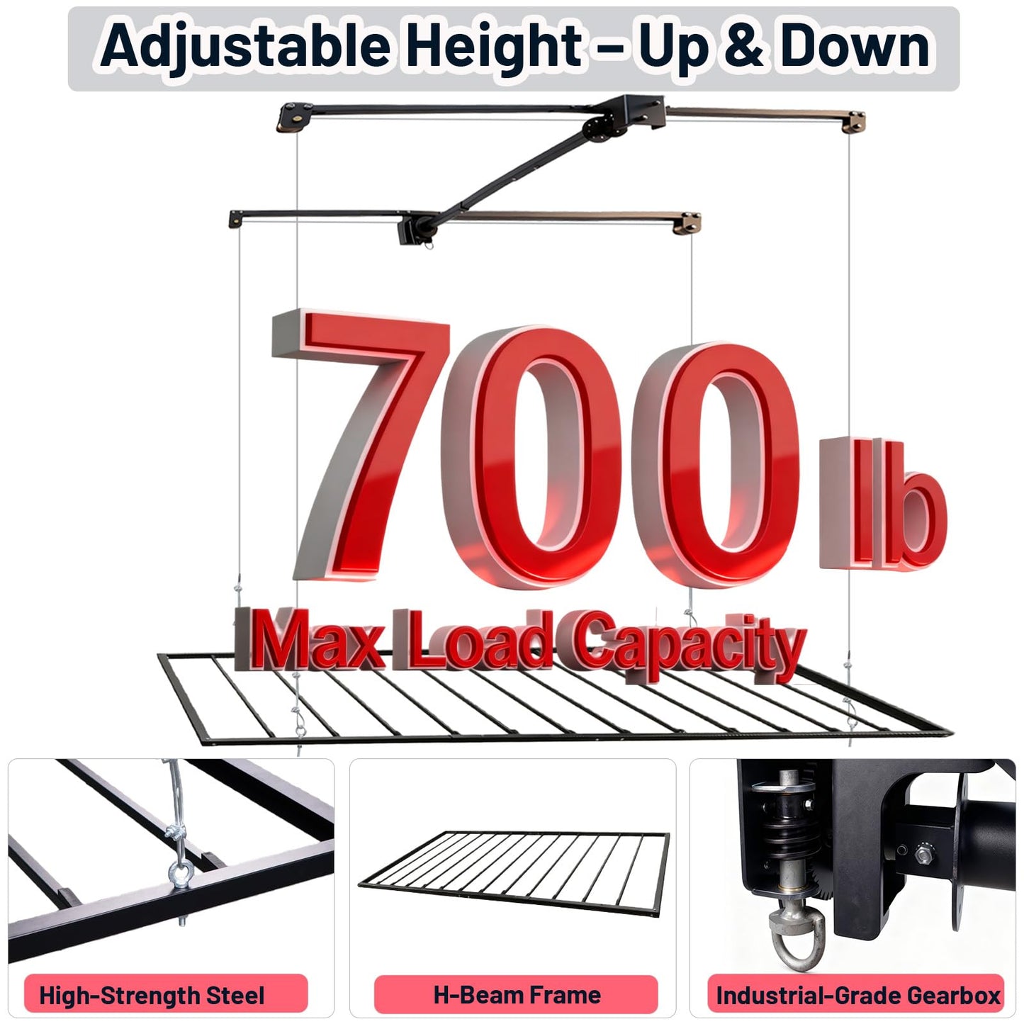 Overhead Garage Storage Lift-4x8 FT Overhead Garage Storage Rack, with Safety Lock, Heavy-Duty Adjustable Ceiling Storage 325 lbs Capacity Suitable for Tools Kayaks Ladder Storage Racks（Black）