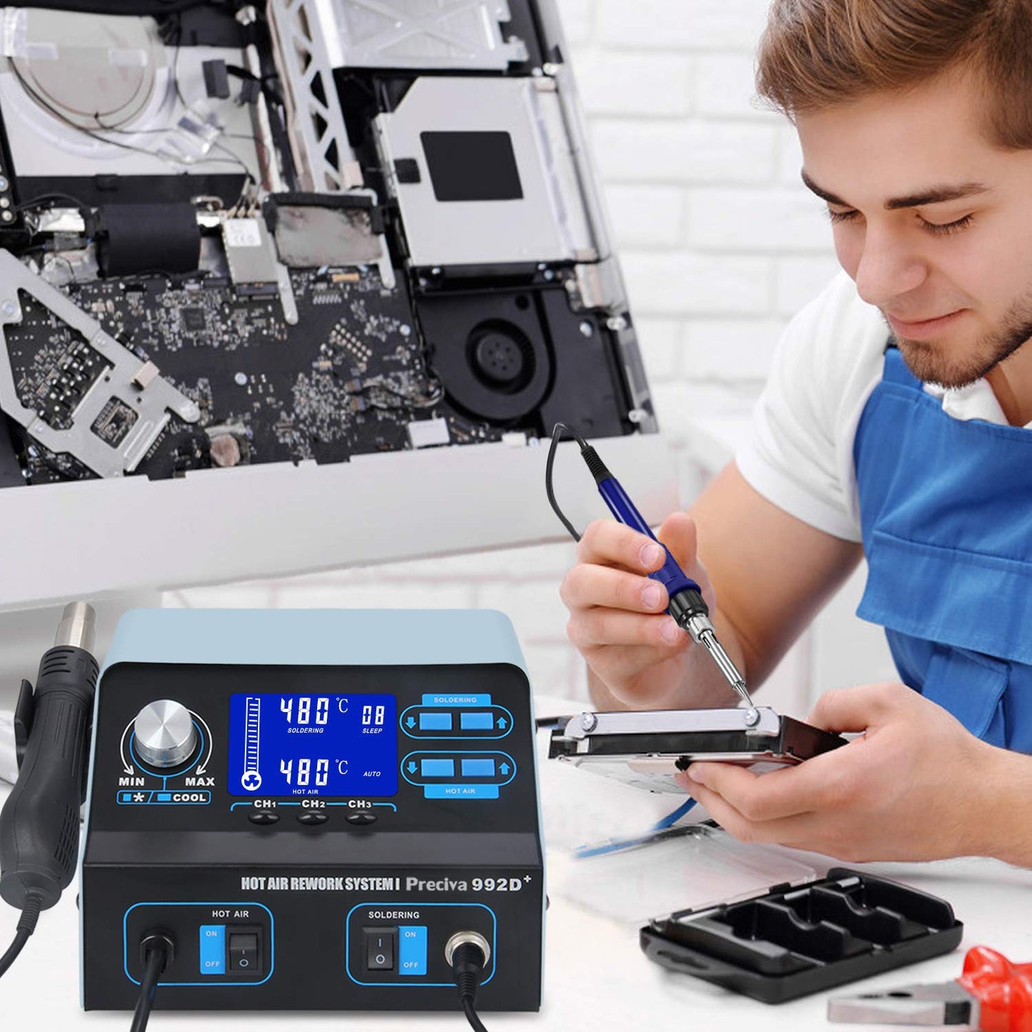 Preciva 992D+ 2-in-1 Soldering & Hot Air Rework Station with LCD, Memory Presets, Sleep, Calibration | Includes Soldering Iron, Hot Air Gun, 5 Tips, 4 Nozzles, IC Tools, Solder Wire | °C/ºF (992D+)
