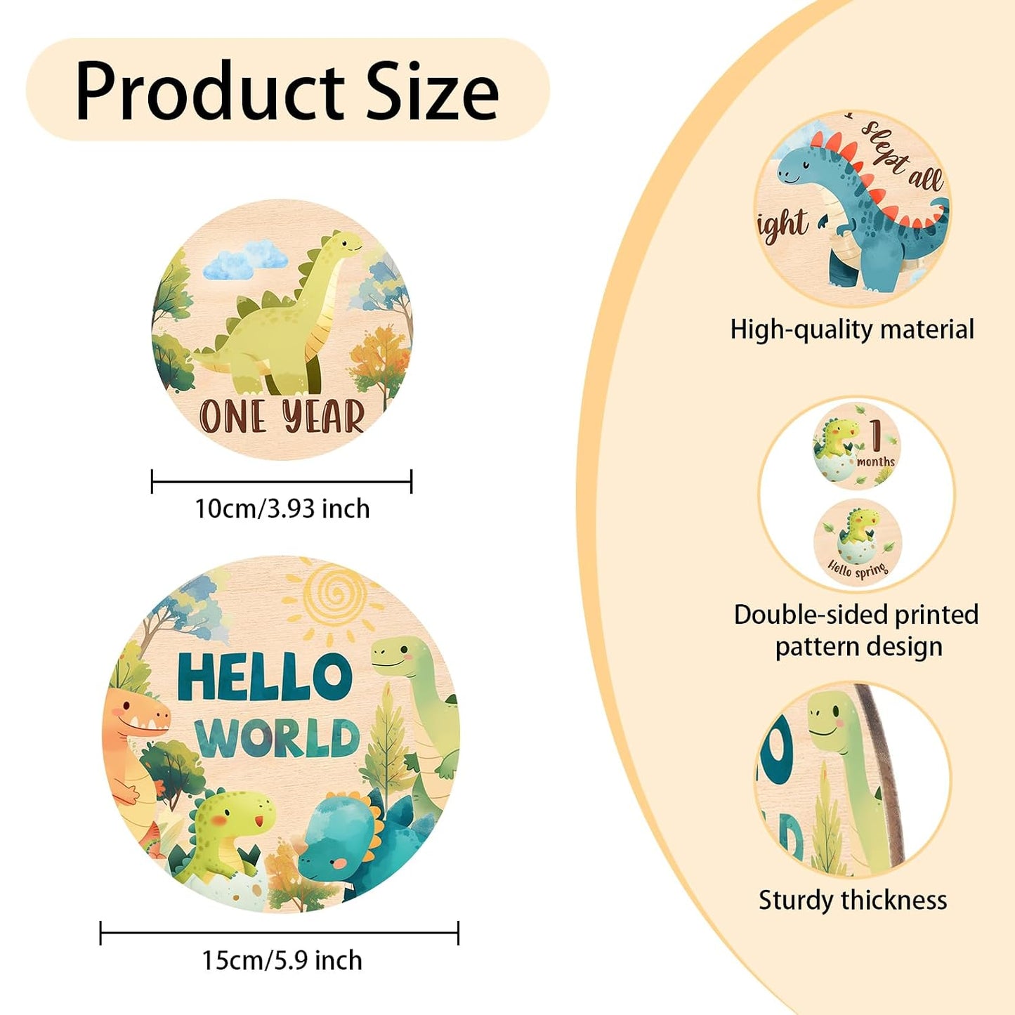 13Pcs Set Baby Monthly Milestone Cards Sign - Double Sided Dinosaur Milestone Cards, Dino Pattern Wooden Circles Discs