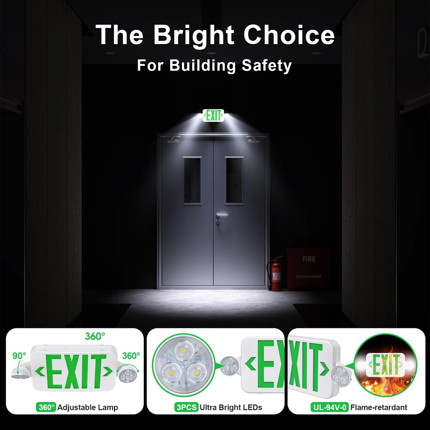 Led Exit Sign Emergency Light Combo Adjustable Two Head,Double Sided and Battery Backup Exit Light,Green Letter Hardwired Emergency Exit Sign,AC 120/277V,UL Listed,Ceiling&Wall Mount (6 Pack)