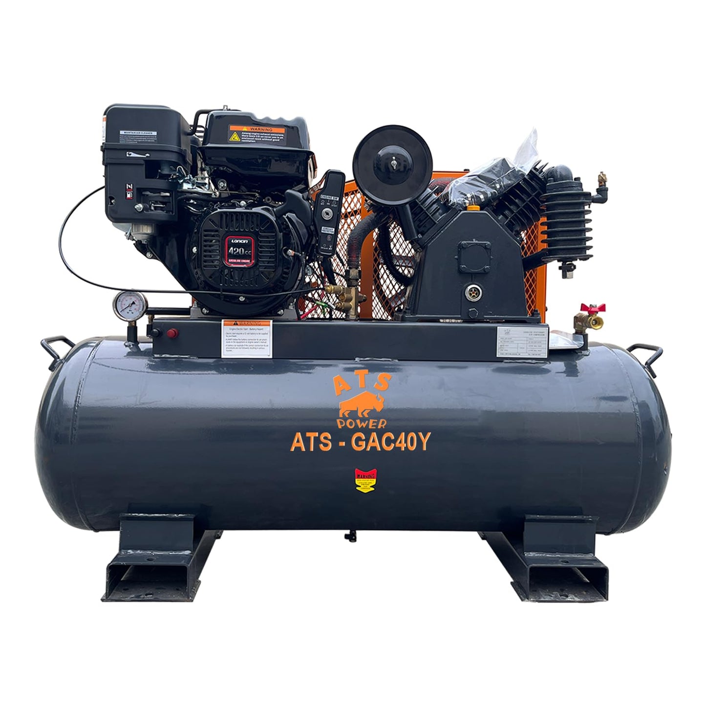 40 Gallon Air Compressor - 15HP 420cc Gasoline Engine, 175 psi Max Pressure, 24 CFM, 2 Stage Compression For Sandblasting, Impact Wrenches, Spray Guns