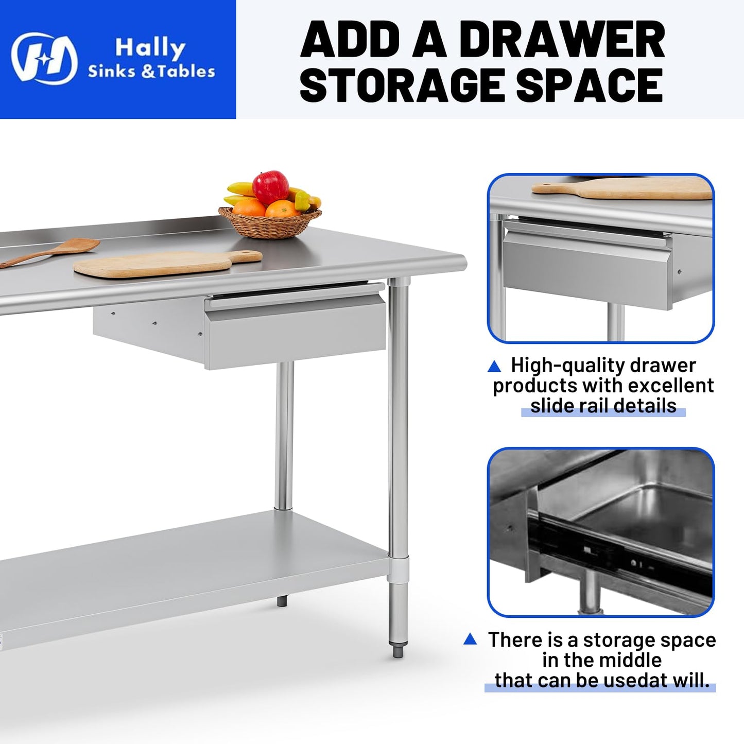 Hally Stainless Steel Prep Table 24 x 60 Inch with Backsplash, NSF Certified Commercial Work Table with Drawer, Removable Stainless Steel Pan, Undershelf and Side Hook for Restaurant, Home, Garage