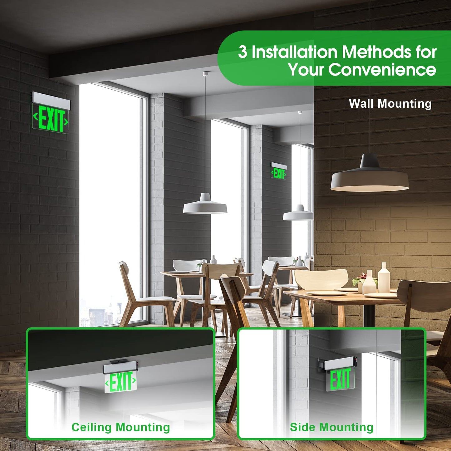 Green LED Edge Lit Exit Sign Brushed Aluminum Housing, UL Listed Emergency Exit Signs Single Sided Clear Acrylic with Battery Backup, AC 120-347V Hardwired Exit Lights, Top/Side/Wall Mount (4 Pack)