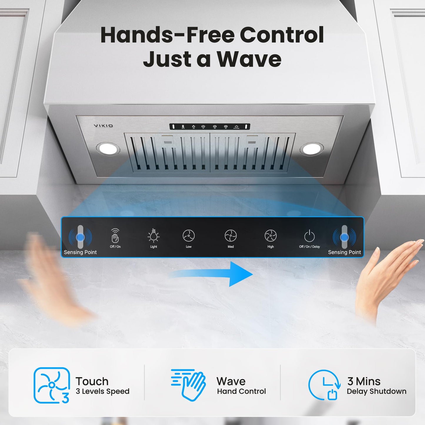 VIKIO HOME Built-in/Insert Range Hood 30 Inch, 980 CFM Hood Vent for Kitchen, Ducted/Ductless Convertible Duct, Stainless Steel Kitchen Vent Hood with Gesture & Touch Control, 2 Baffle Filters