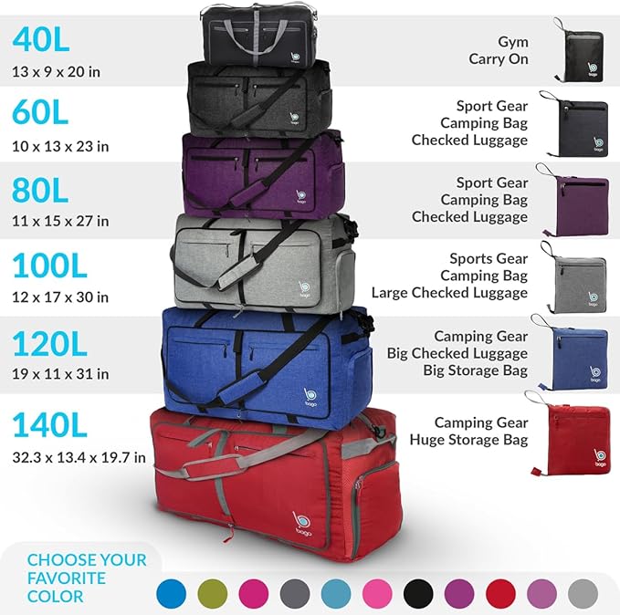 Bago Large Foldable Duffel Bags for Traveling Women & Men - 120L Packable Duffle Bag for Travel with Shoe Compartment - Water Repellant, Heavy Duty, Lightweight Folding & Collapsible (SnowBlue)