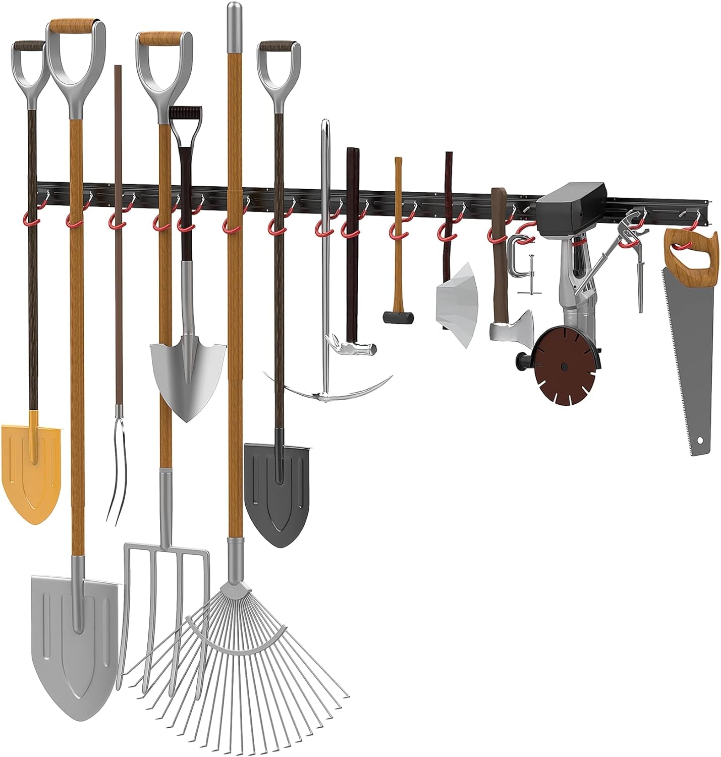 WALMANN All Metal Wall Mount Garden Tool Organizer - 64 Inch Storage Rack with 4 Rails & 16 Hooks