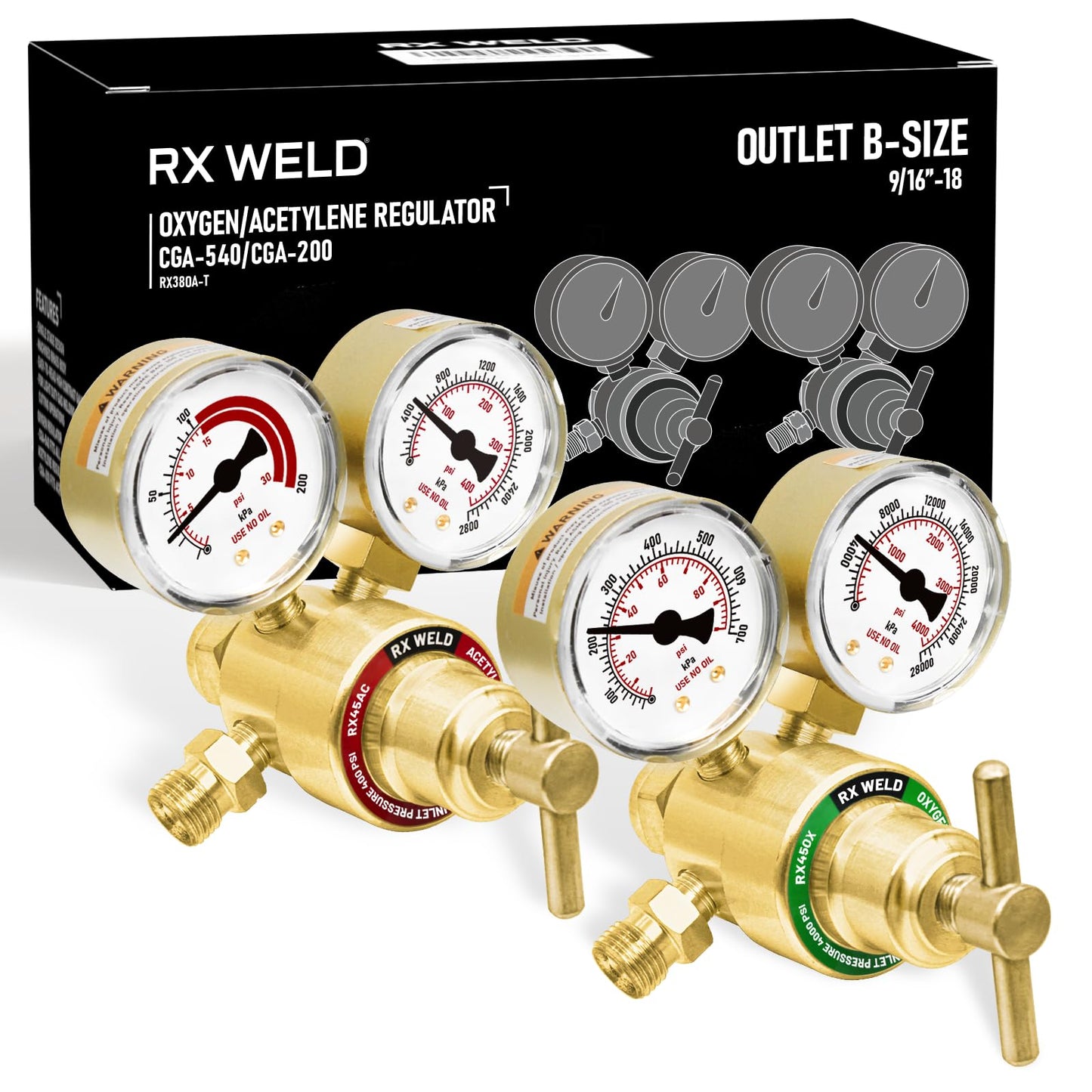 RX WELD Oxygen Acetylene Regulator Set, CGA-540 CGA-200 for MC Tanks, Outlet 9/16"-18 B-Size Medium Duty for Cutting Welding