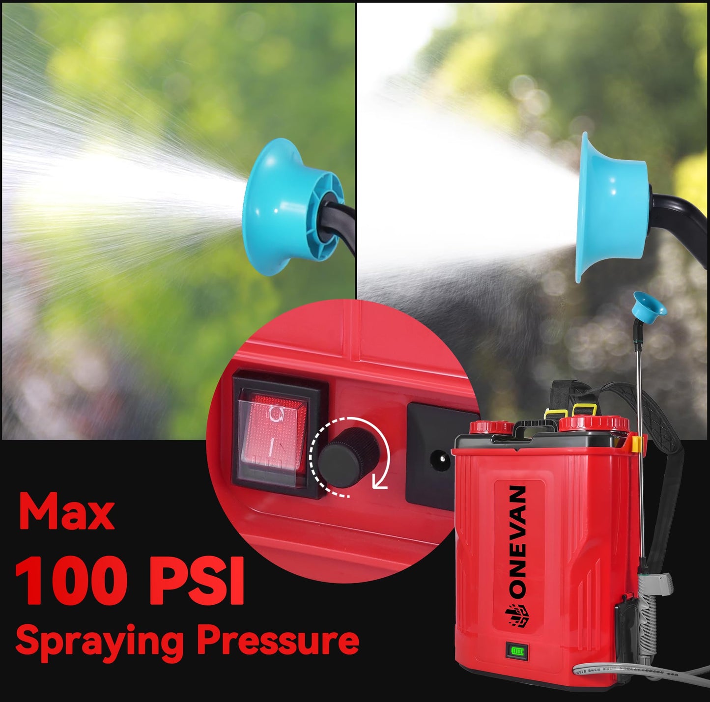 Battery Powered Backpack Sprayer 5.3 Gallon, 100PSI Adjustable Pressure Electric Sprayer with 2X3.0A Batteries, Weed Yard Lawn Sprayer with Telescopic Wand, 5 Nozzles