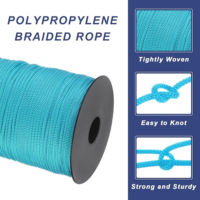 MECCANIXITY 1/8 Inch Polypropylene Rope Braided Ropes, 328ft Nylon Rope Hollow Utility Cord for Clothesline, Camping, Hiking, Outdoor, Blue Green