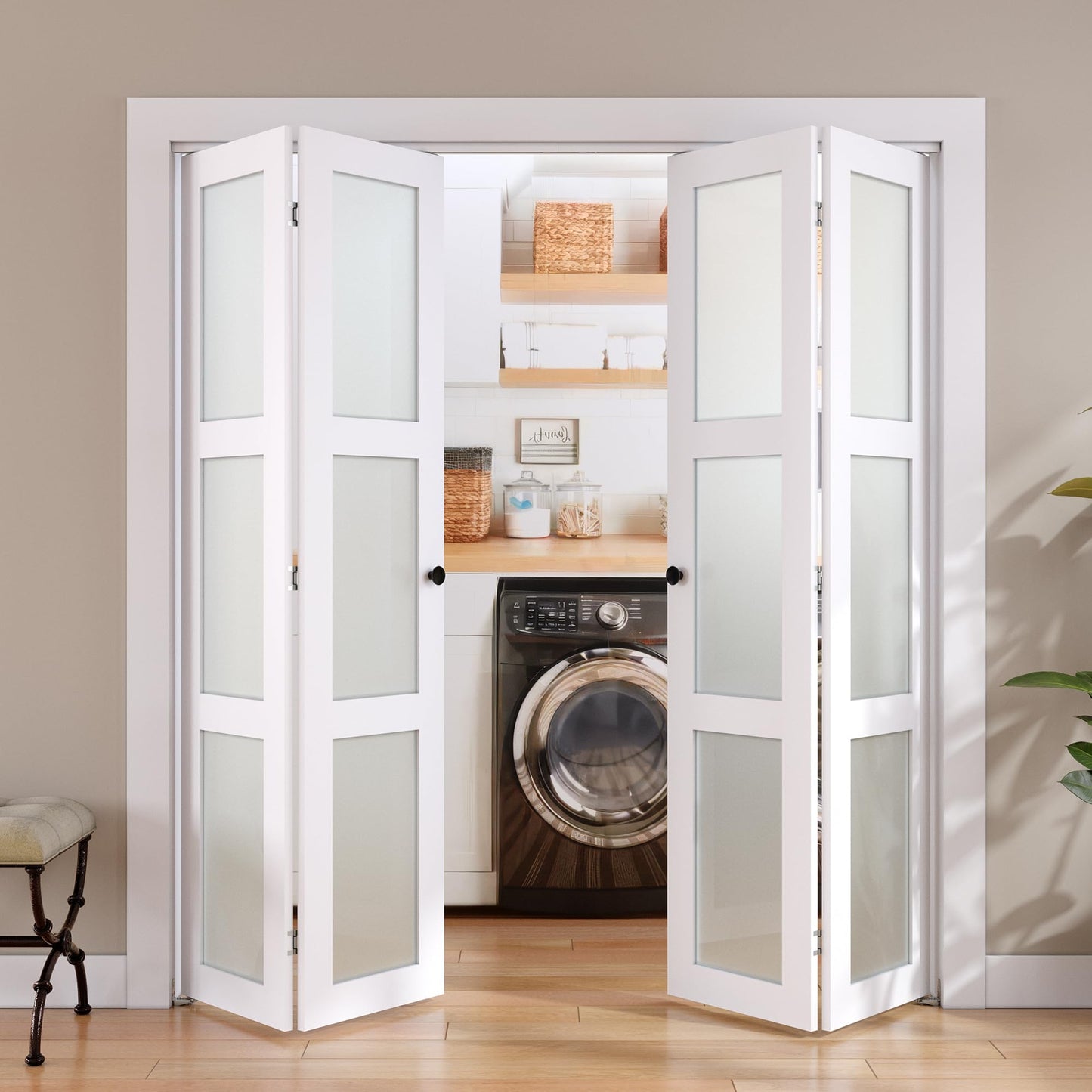 SMARTSTANDARD Bifold Door, for 72"x 80" Opening,Tempered Frosted Glass Closet Folding Barn Door with Hardware Kit, Water-Proof PVC Surface,Easy Install,White