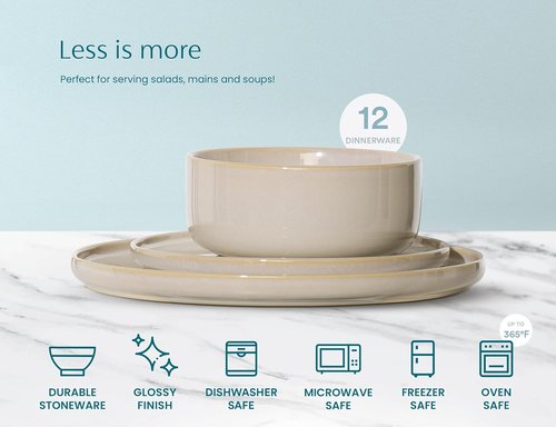 Kook Dinnerware Set - 12 Piece Service for 4 | Ceramic Plates & Bowls in Beige - Somerset Collection