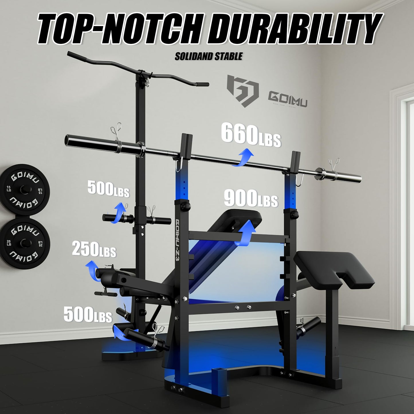 Goimu Z3 900LBS Olympic Weight Bench Set with Leg Extension, 9 in 1 Workout Press with Preacher Curl Pad and LAT Pulldown, Strength Training Bench for Home Gym (100lbs Colorful Plates and Bench)