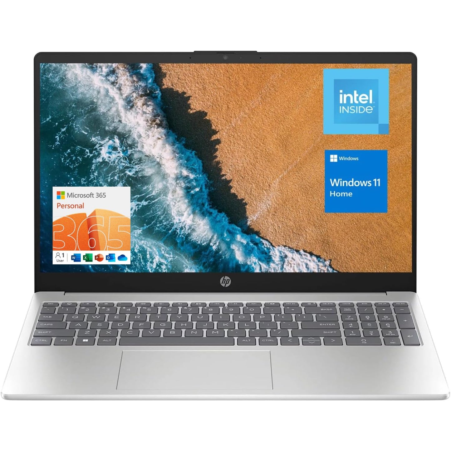 HP 15.6" Portable Laptop, HD Display, Intel Quad-Core N200 Processor, 16GB RAM, 128GB Storage, Wi-Fi 6, Webcam, HDMI, Numeric Keypad, Windows 11 Home, Silver