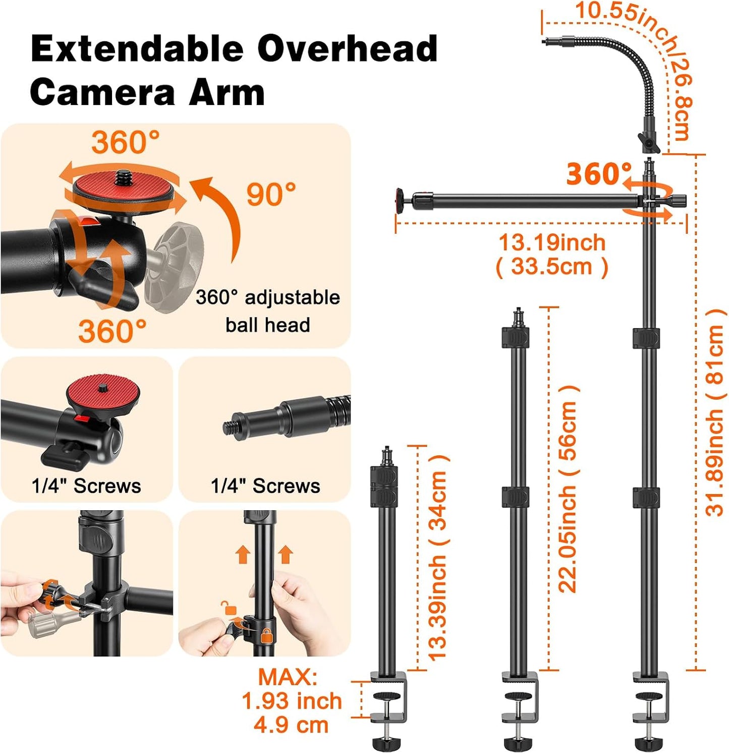 13.4-31.9" 1/4" 3-Section Overhead Camera Mount Desk Stand, Height Articulating Top Down Camera Mount with C-Clamp