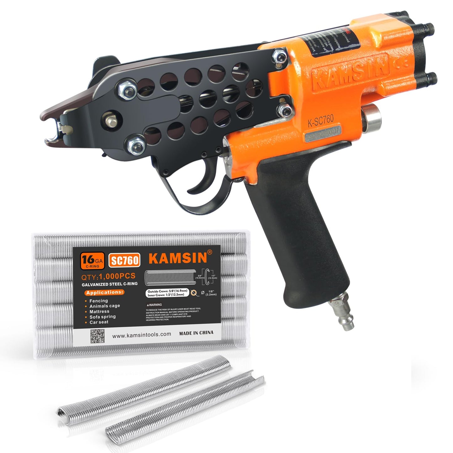 KAMSIN K-SC760 16 Gauge Pneumatic Hog Ring Gun with 1000PCS Hog Ring Staples, 1/2-Inch Crown, 3.0-4.8mm Closure Diameter Hog Ring Pliers C Ring Gun for Mattress, Fencing, Wire Cages