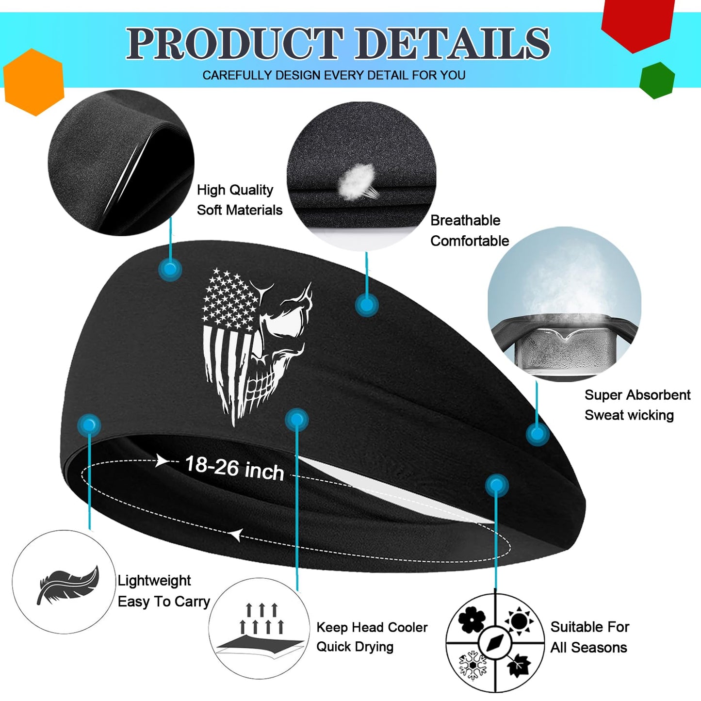 Sweat Bands Headbands Men Sport Headbands Sweatbands for Men 3 Pcs American Flag Skull Cooling Headband Mens Workout Head Bands for Sweat Elastic Hairband for Running Tennis Gym Hiphop