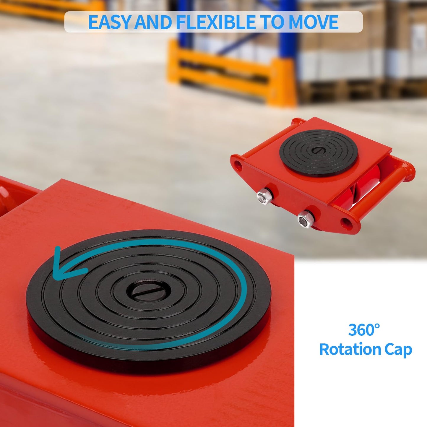 FAHKNS Machinery Mover 6T 13200LB Capacity Machinery Skate 4 Wheels Dolly Skate Roller with 360 Degree Rotation Cap for Warehouse Workshop Factory, Red