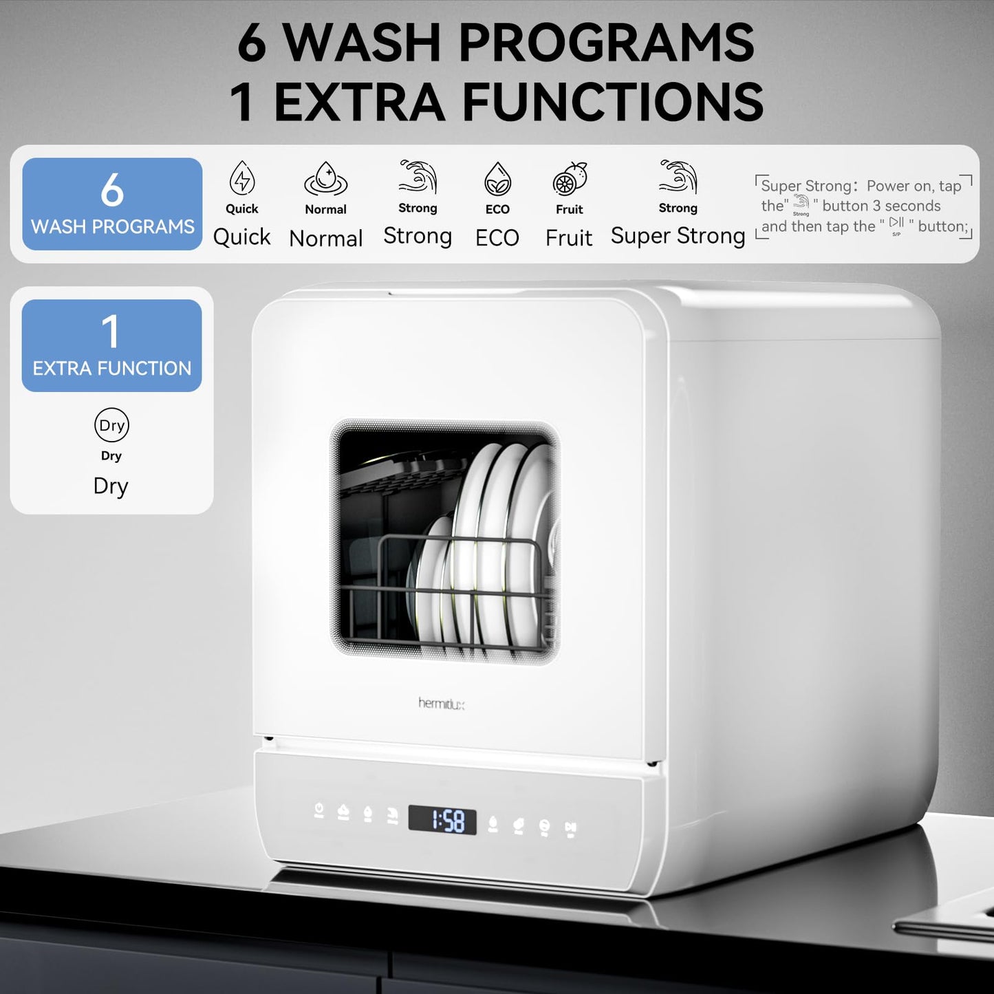 Hermitlux Countertop Dishwasher, 6 Wash Programs Slim Size Portable Dishwasher