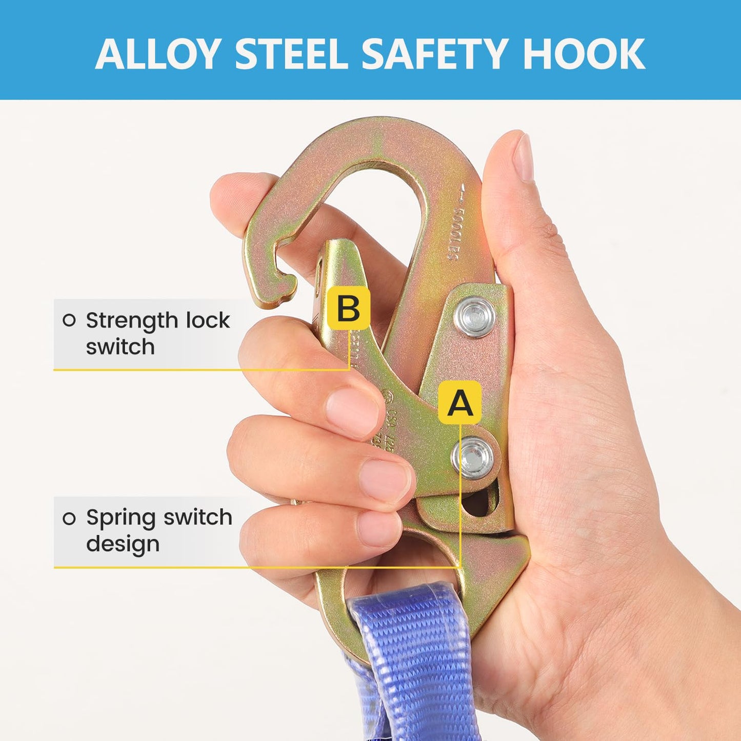 QFU 25 50 100FT Fall Protection Safety Rope - Heavy Duty Vertical Roof and Tree Climbing Rope, equipped with alloy steel clips, shock-absorbing rope, safety harness, ANSI certified