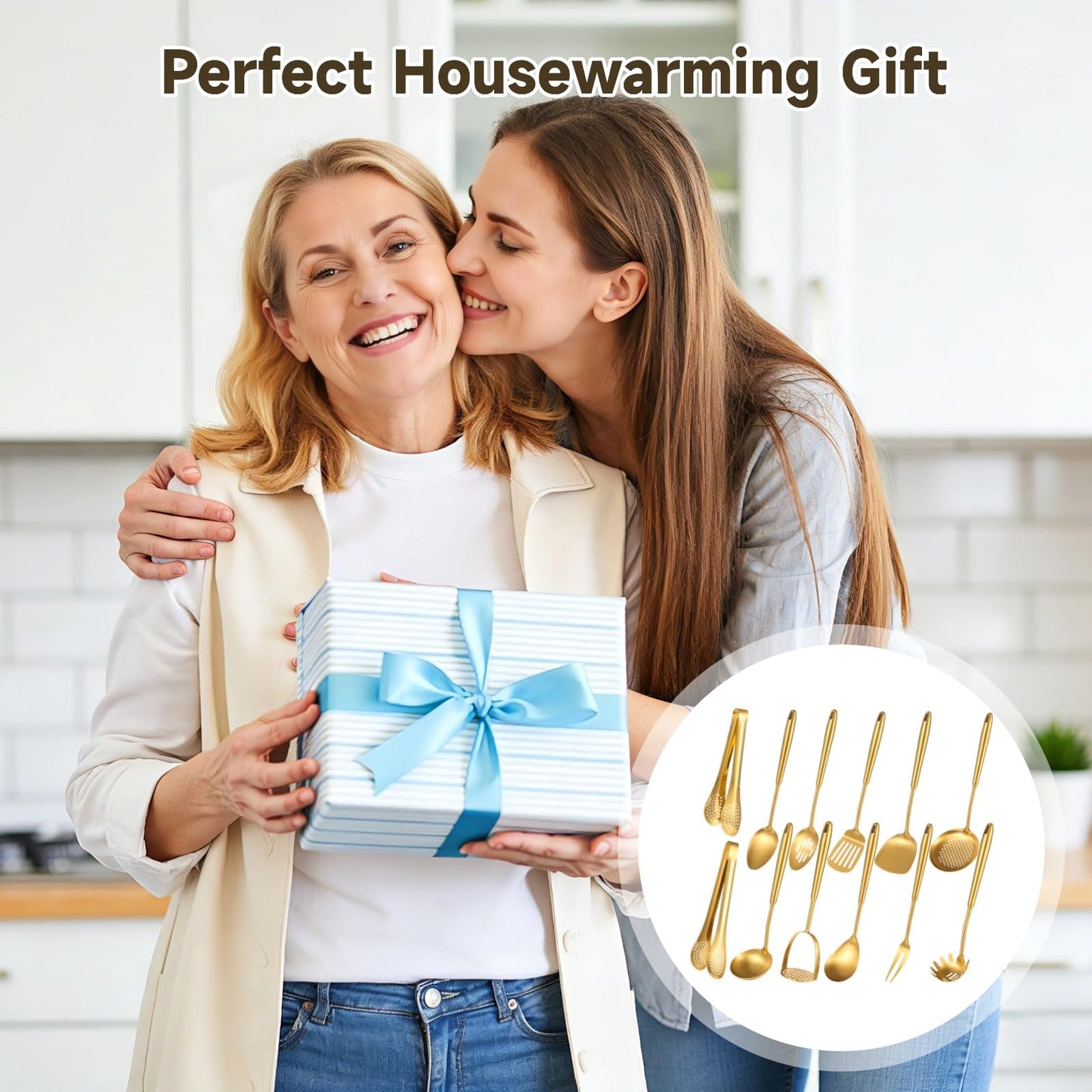 12 Pcs Gold Cooking Kitchen Utensil Set - 304 Stainless Steel Cooking Utensils with Ergonomic Handle, Include Spatula Turner Soup Ladle and Food Tongs, Excellent Cooking Gadgets Tools Set