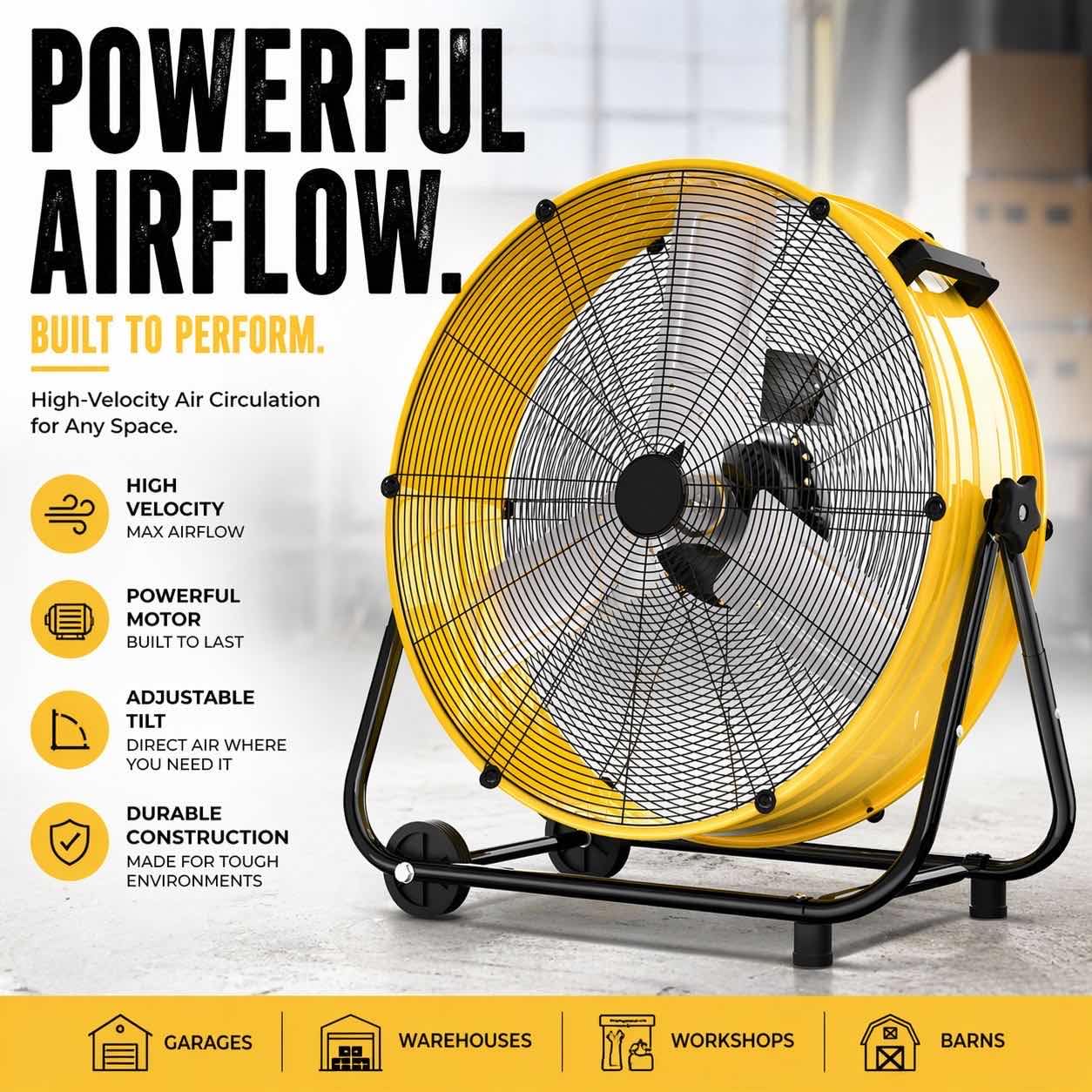 Uthfy 30 Inch High Velocity Floor Fan, 14000CFM Heavy Duty Industrial Drum Fan with 3 Speeds, 360° Tilt Metal Garage Fan with Wheels for Warehouse, Commercial, Workshop, Factory and Gym