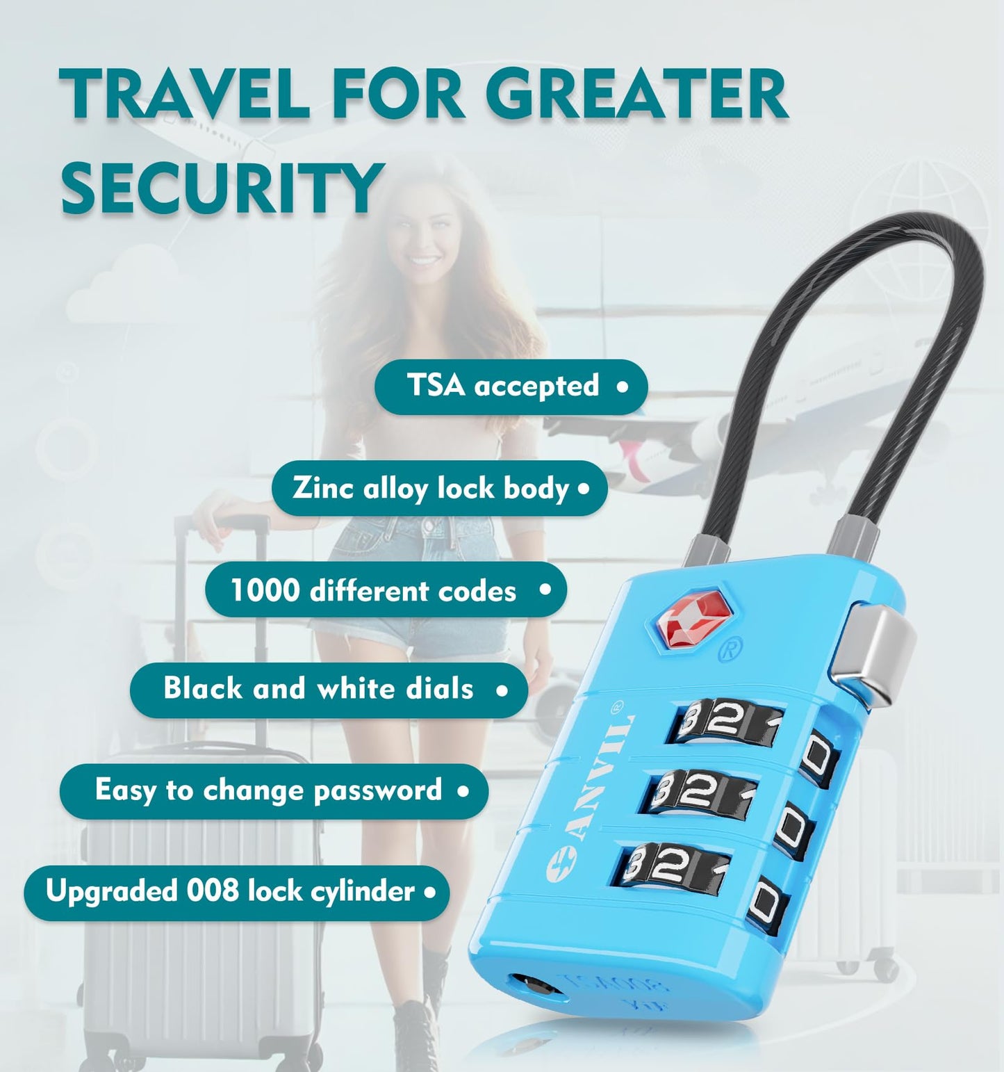 ANVIL TSA Approved Luggage Locks – High Security TSA008 Combination Travel Locks with Inspection Indicator for Suitcases and Backpacks. (2, Bule)