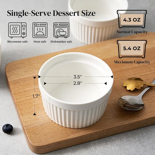 DOWAN Ramekins - 4 oz Oven Safe Porcelain Custard Cups for Baking | Set of 6 Soft White Bowls