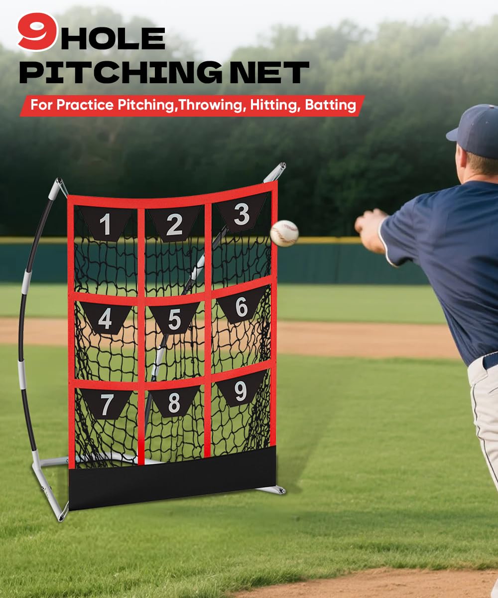 Queension 9 Hole Pitching Target Net with Strike Zone, Baseball Batting Net with Target Pockets, Pitching Net with Ground Stakes and Sandbags for Baseball Training, White