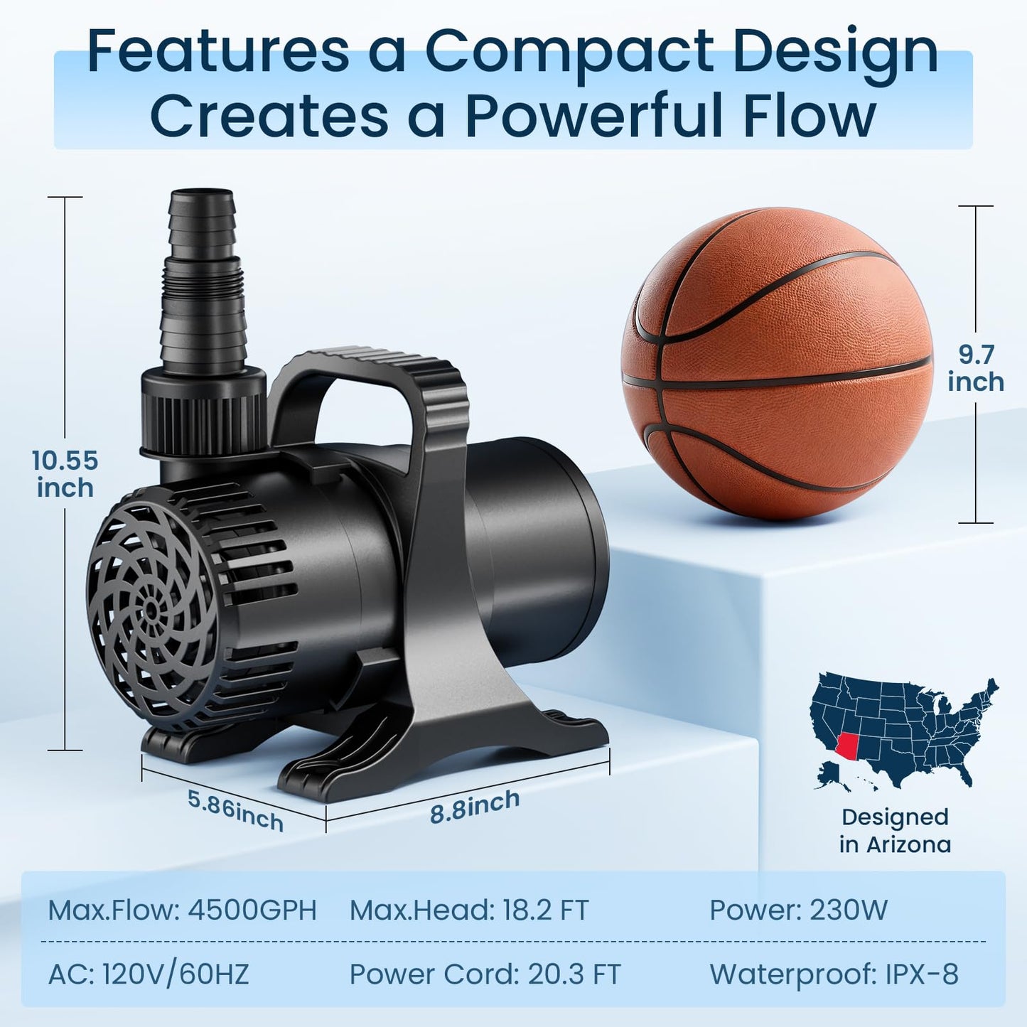 OYO Water 230W 4500 GPH Pond Pump, High Flow Heavy Duty Submersible Water Pump for Large Ponds, Pools & Waterfalls, Ultra Quiet Continuous Operation, Submersible & Inline Use, Includes Filter Bag